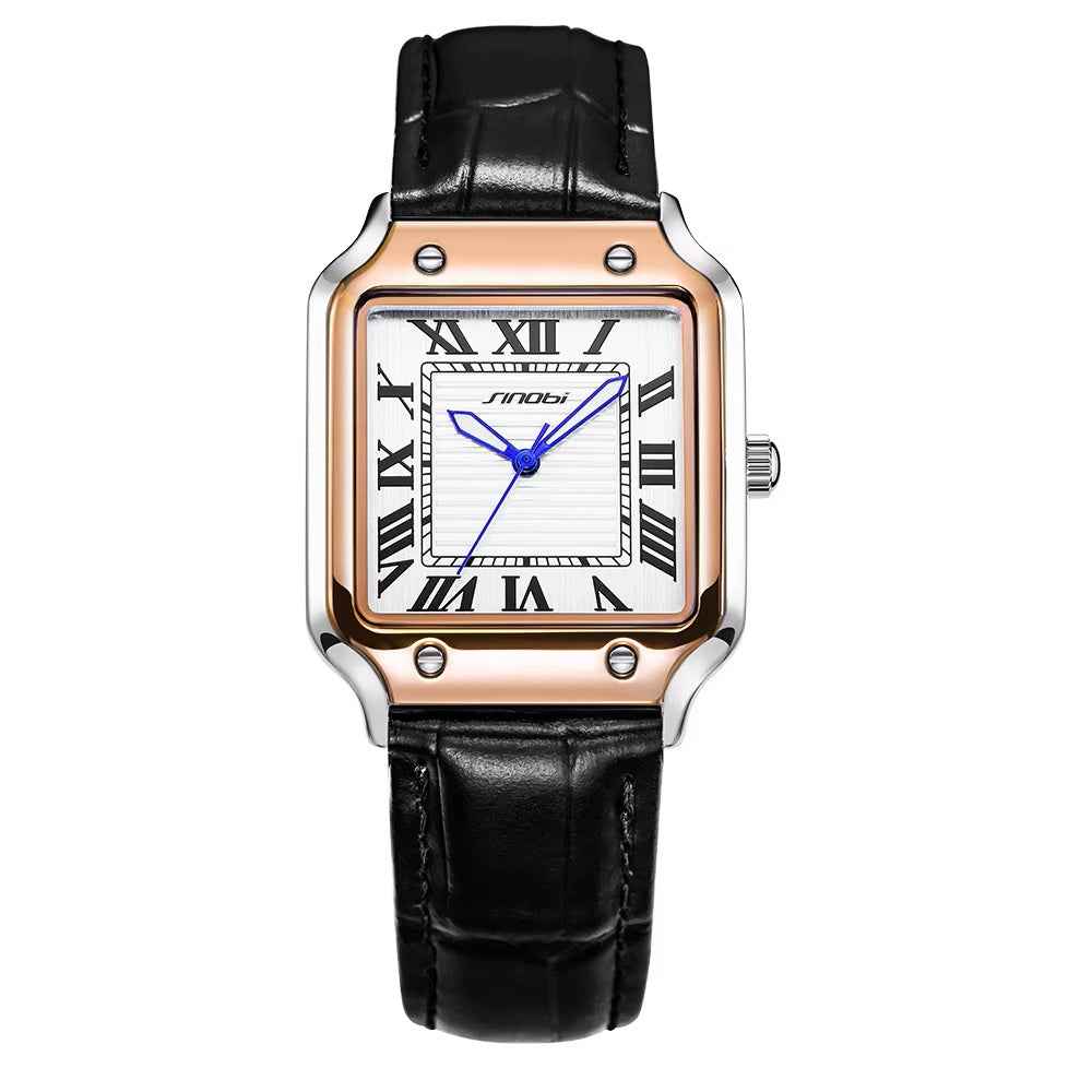 Luxury watch with black leather strap and rose gold case on white background