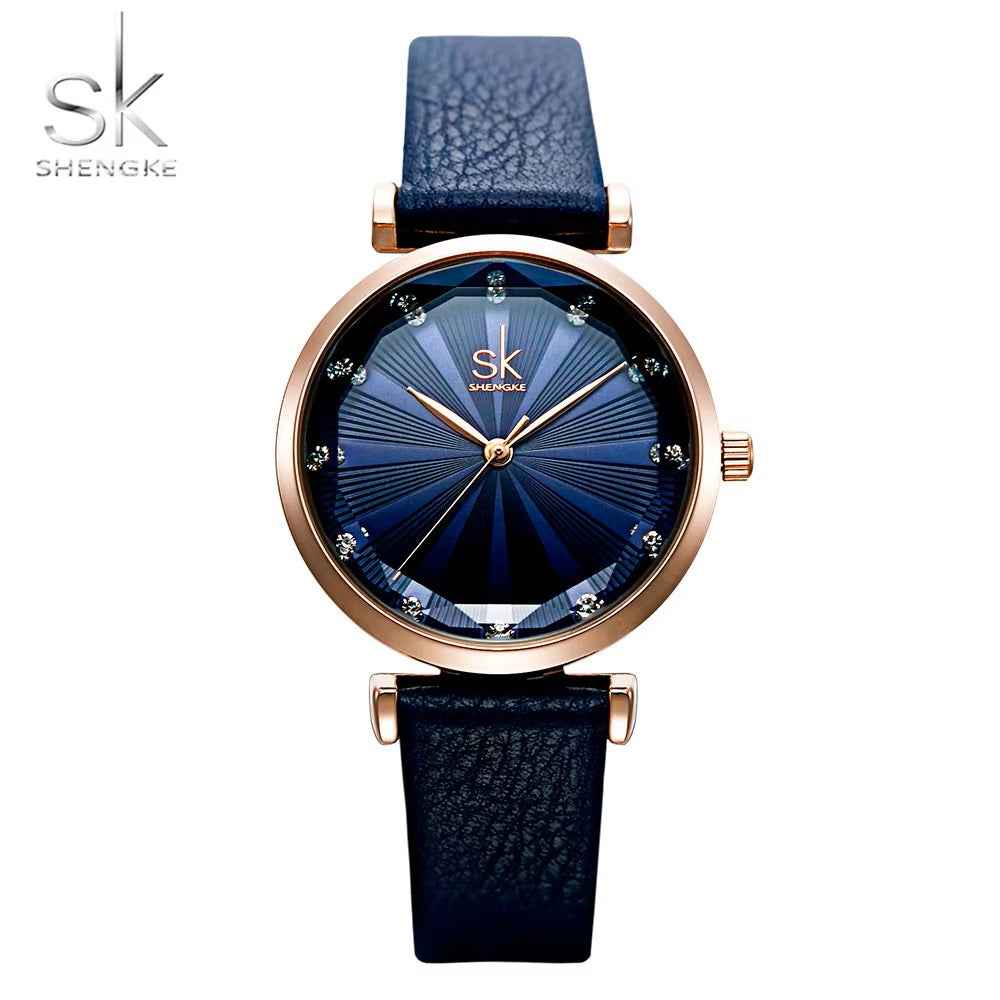 Black watch with rose gold accents on a white background, featuring the Shengke brand.