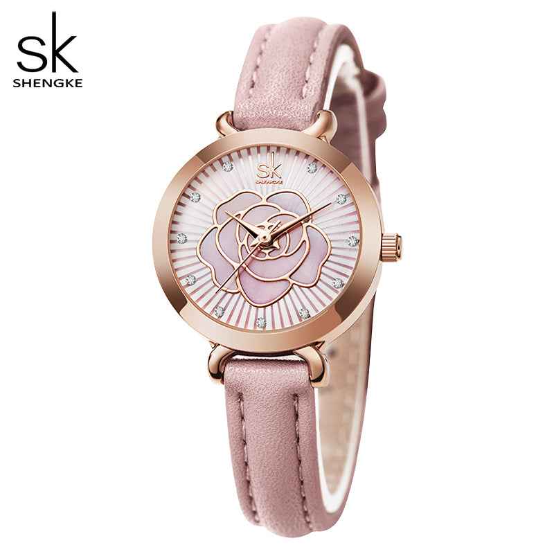 Shengke K0148L Ladies Quartz Watch – Rose Flower Dial, Leather Band, Waterproof