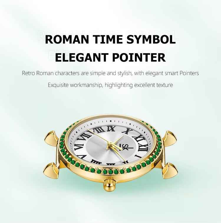 Gold watch with Roman numerals on a light green background