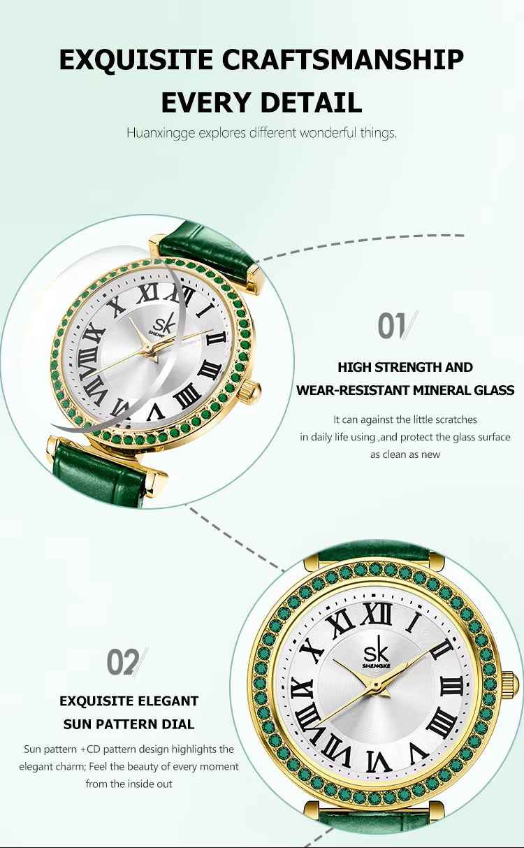 Watch with green accents and Roman numeral markers on a light green background