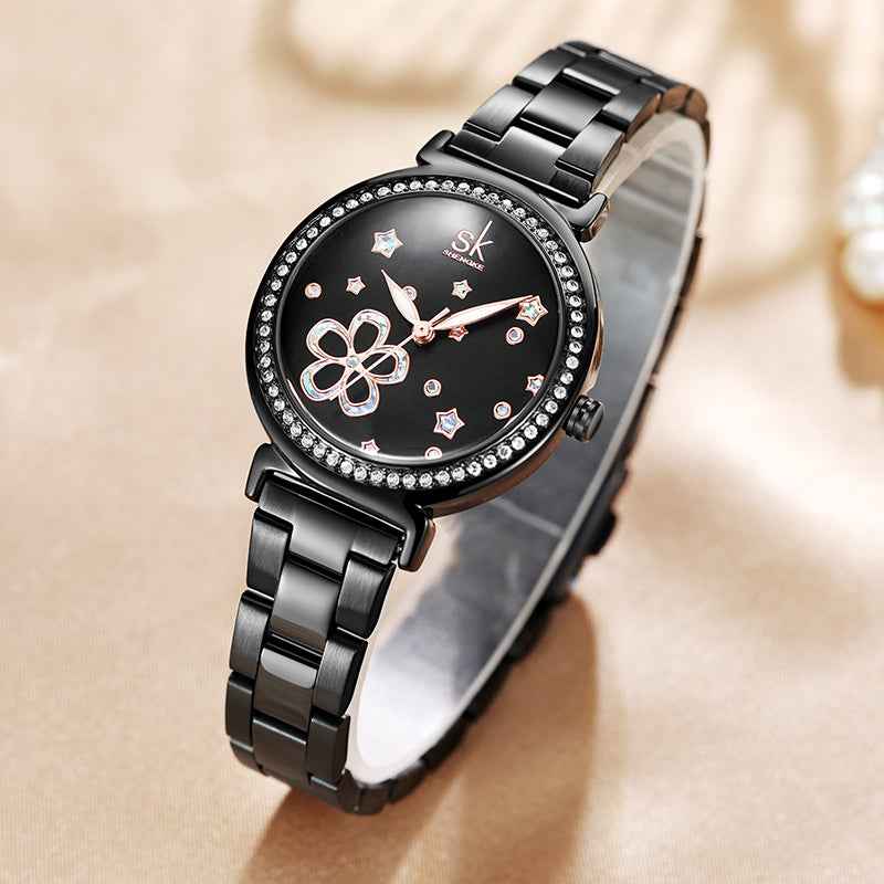 Shengke K0201L Women’s Luxury Quartz Watch – Pearl Dial, Rhinestone Markers, Stainless Steel Strap