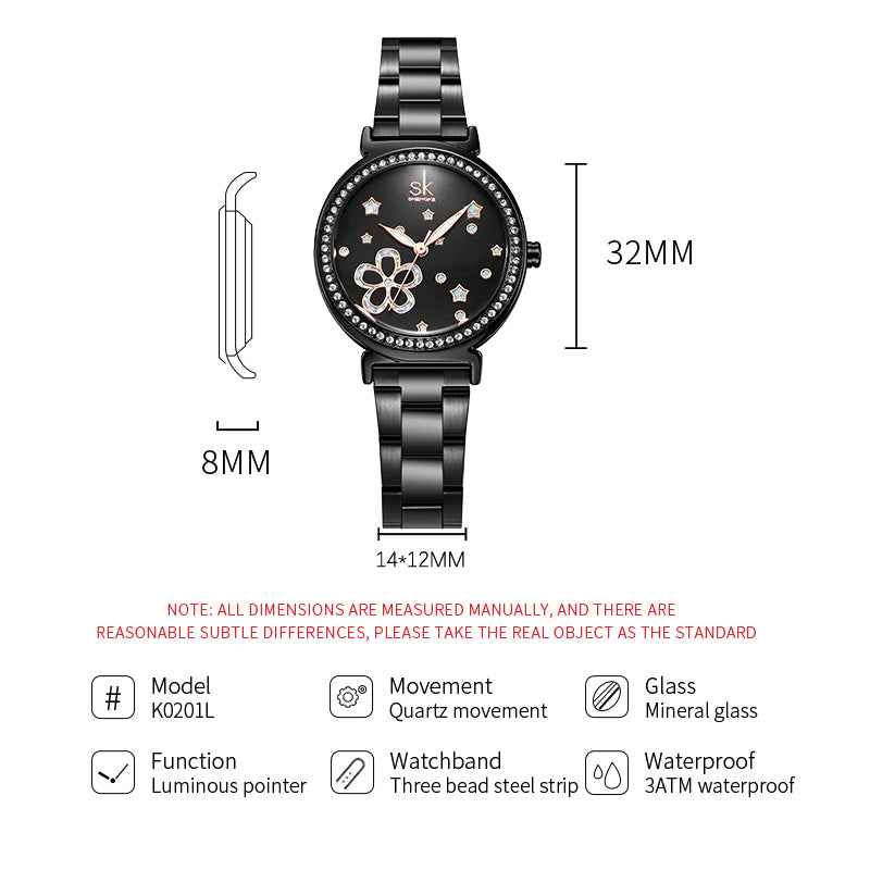 Shengke K0201L Women’s Luxury Quartz Watch – Pearl Dial, Rhinestone Markers, Stainless Steel Strap