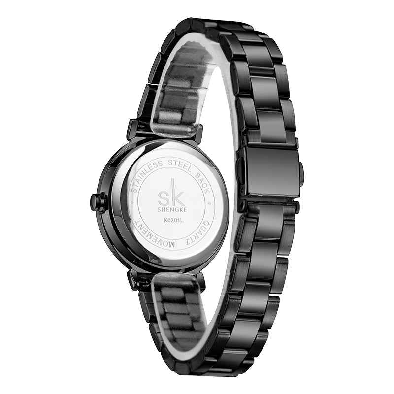 Shengke K0201L Women’s Luxury Quartz Watch – Pearl Dial, Rhinestone Markers, Stainless Steel Strap