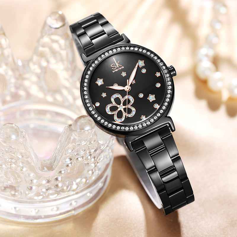 Shengke K0201L Women’s Luxury Quartz Watch – Pearl Dial, Rhinestone Markers, Stainless Steel Strap