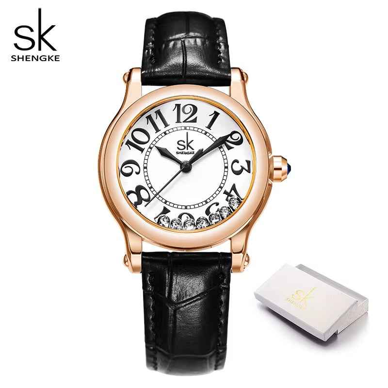 Shengke watch with black leather strap and rose gold case on a white background