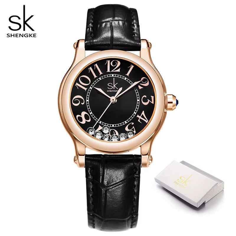 Shengke watch with black leather strap and rose gold case on a white background