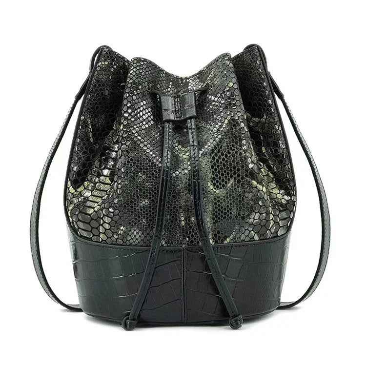 Luxury Snakeskin Leather Bucket Bag – Designer Drawstring Purse