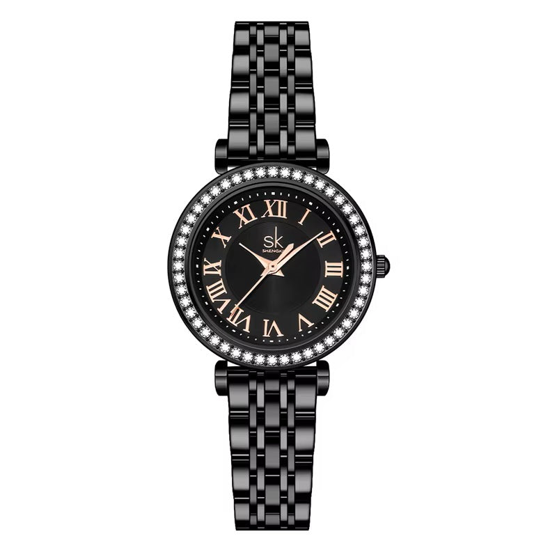 Black wristwatch with diamond-studded bezel on a white background