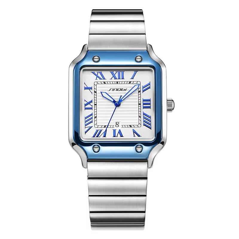 Silver wristwatch with blue accents on a white background