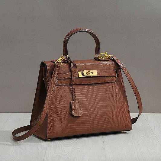 Lizard Pattern Leather Crossbody Bag – Inspired Kelly Bag in Genuine Leather