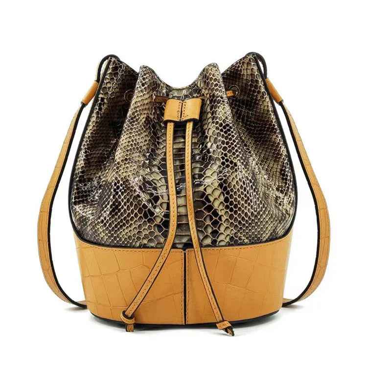 Luxury Snakeskin Leather Bucket Bag – Designer Drawstring Purse