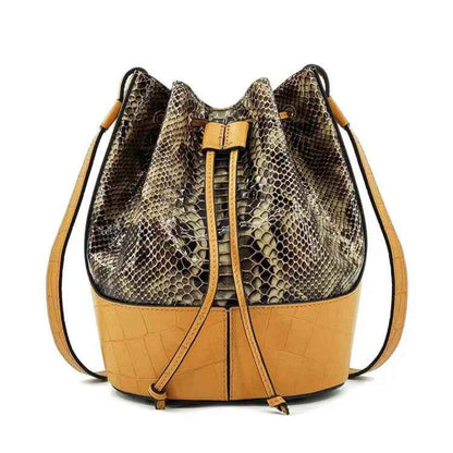 Luxury Snakeskin Leather Bucket Bag – Designer Drawstring Purse