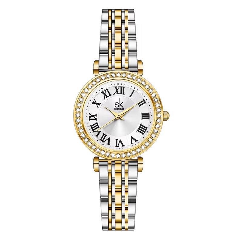Two-tone gold and silver watch with a white dial featuring Roman numerals on a white background.