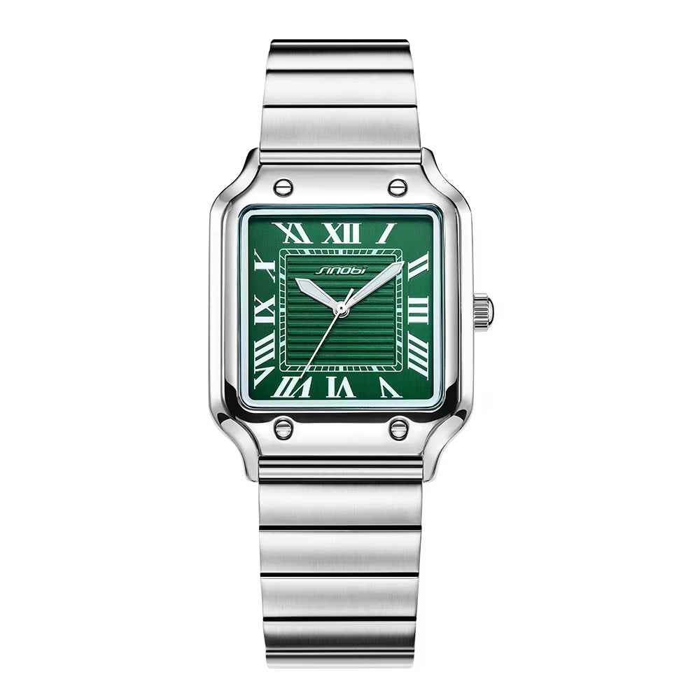 Silver watch with a green face on a white background