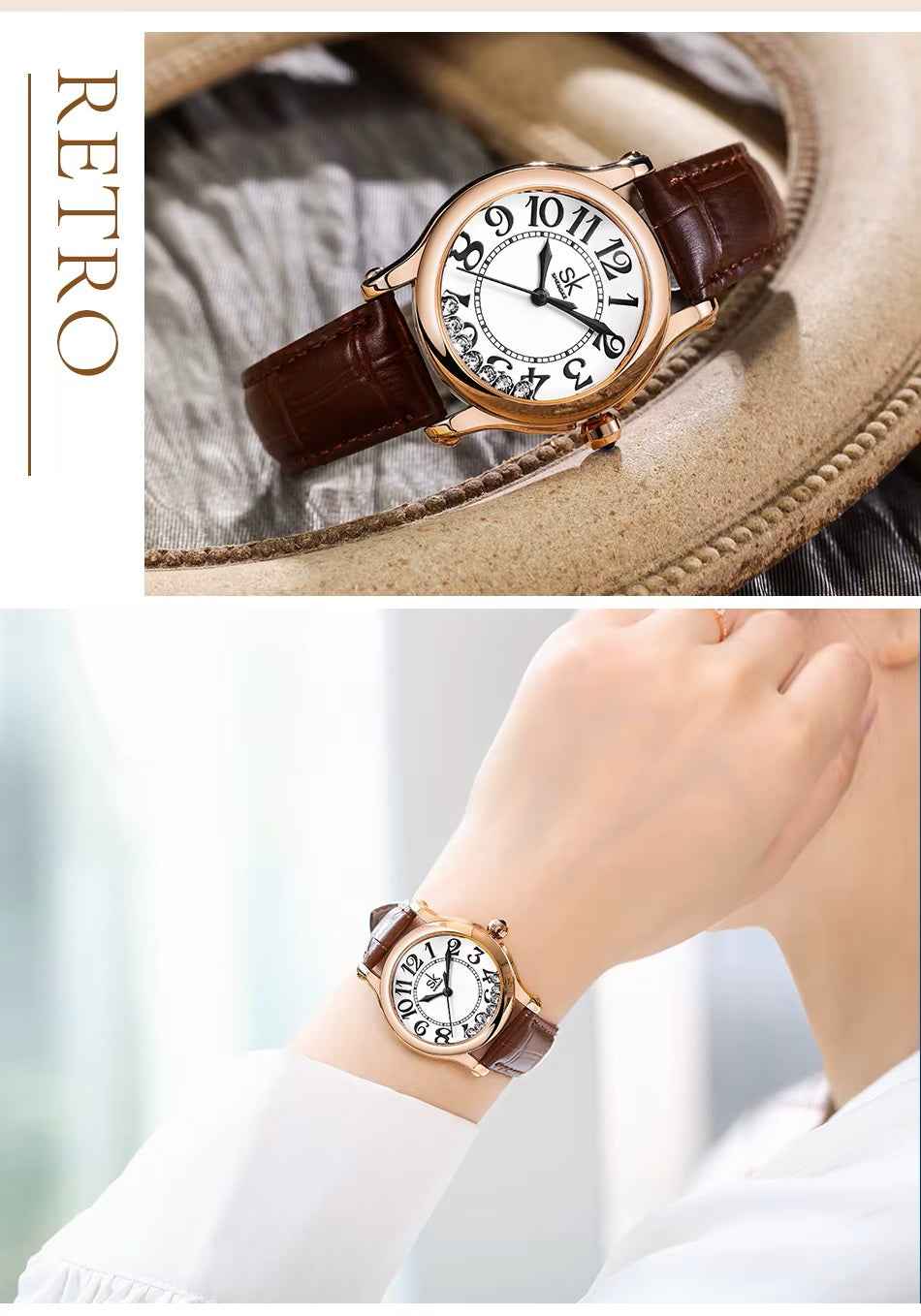Brown wristwatch with gold case on a wrist, against a neutral background.