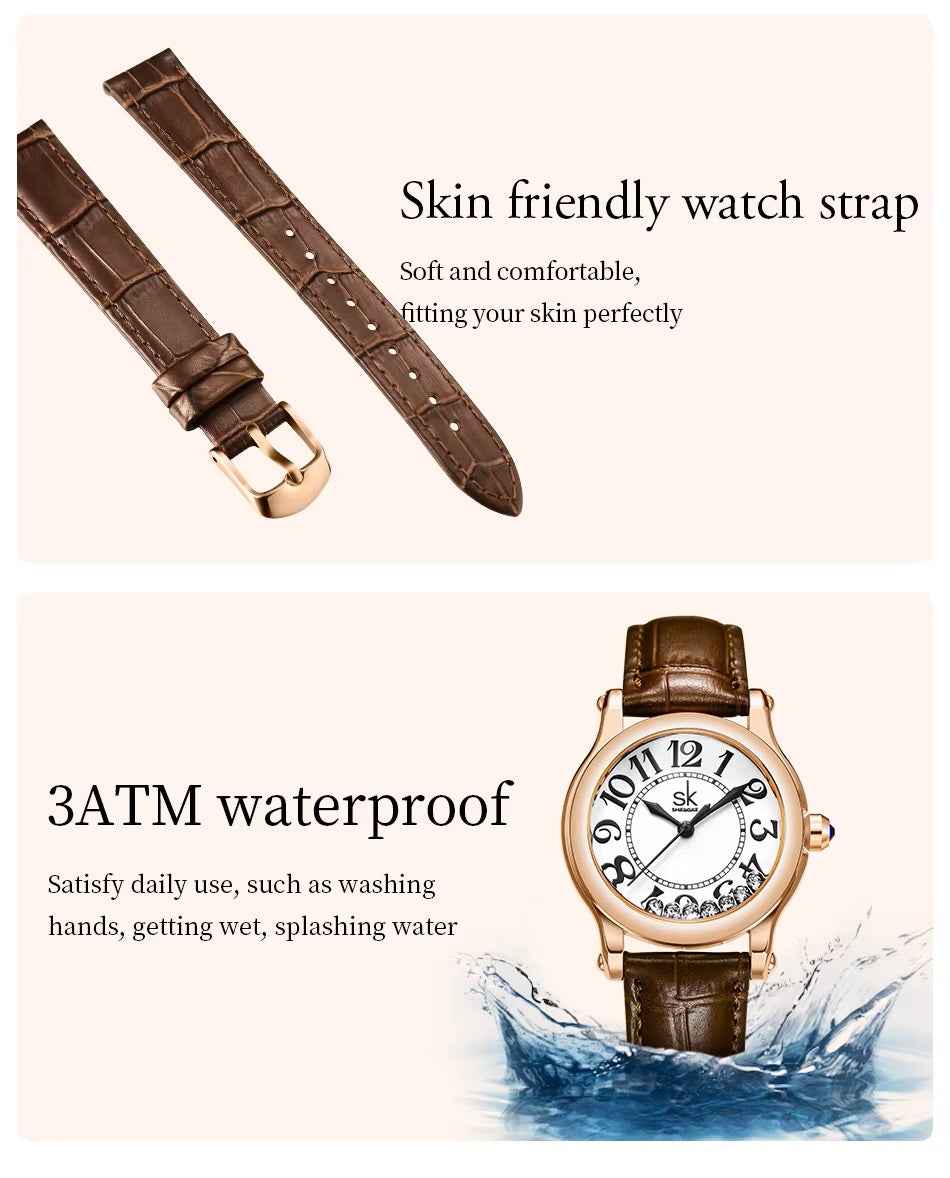 Brown leather watch strap with a watch displaying water resistance, on a light beige background.