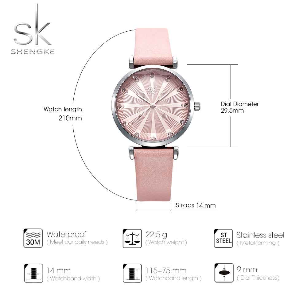Shengke watch with pink strap and detailed specifications on a white background