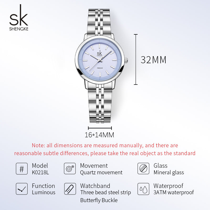 Silver watch with dimensions and features on a light gray background