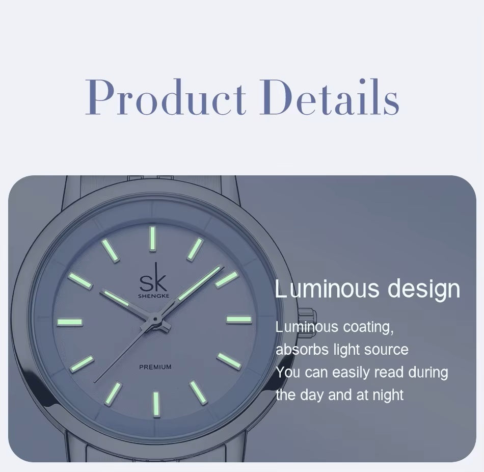 Watch with glowing green hands and text about luminous design on a light blue background