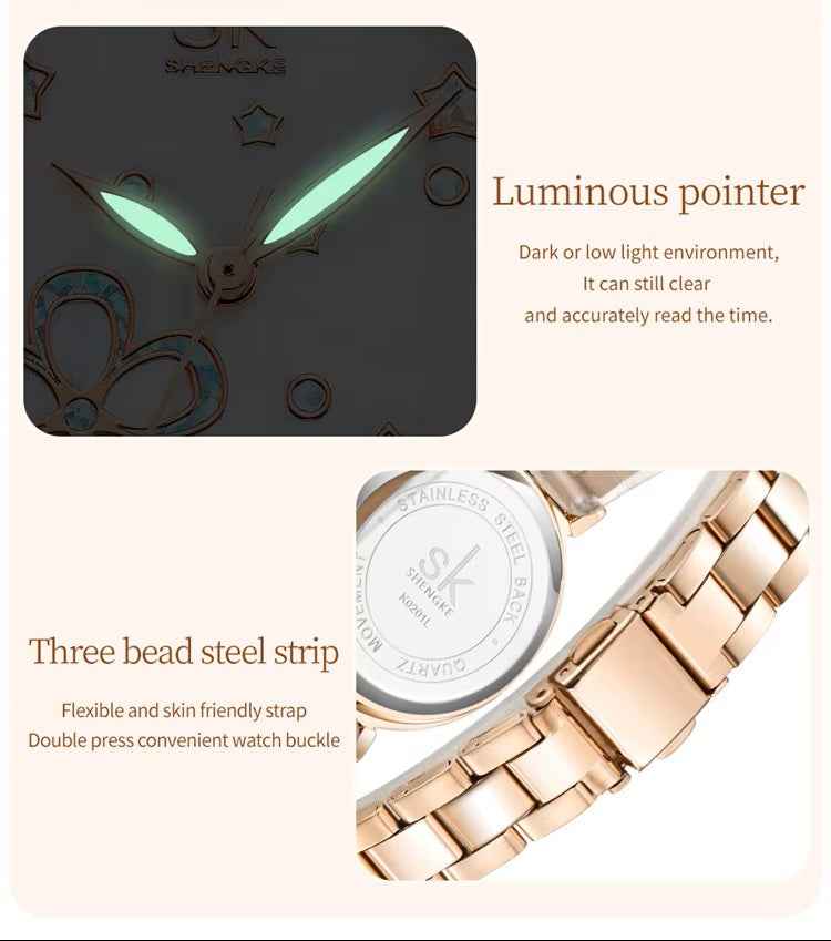 Shengke K0201L Women’s Luxury Quartz Watch – Pearl Dial, Rhinestone Markers, Stainless Steel Strap