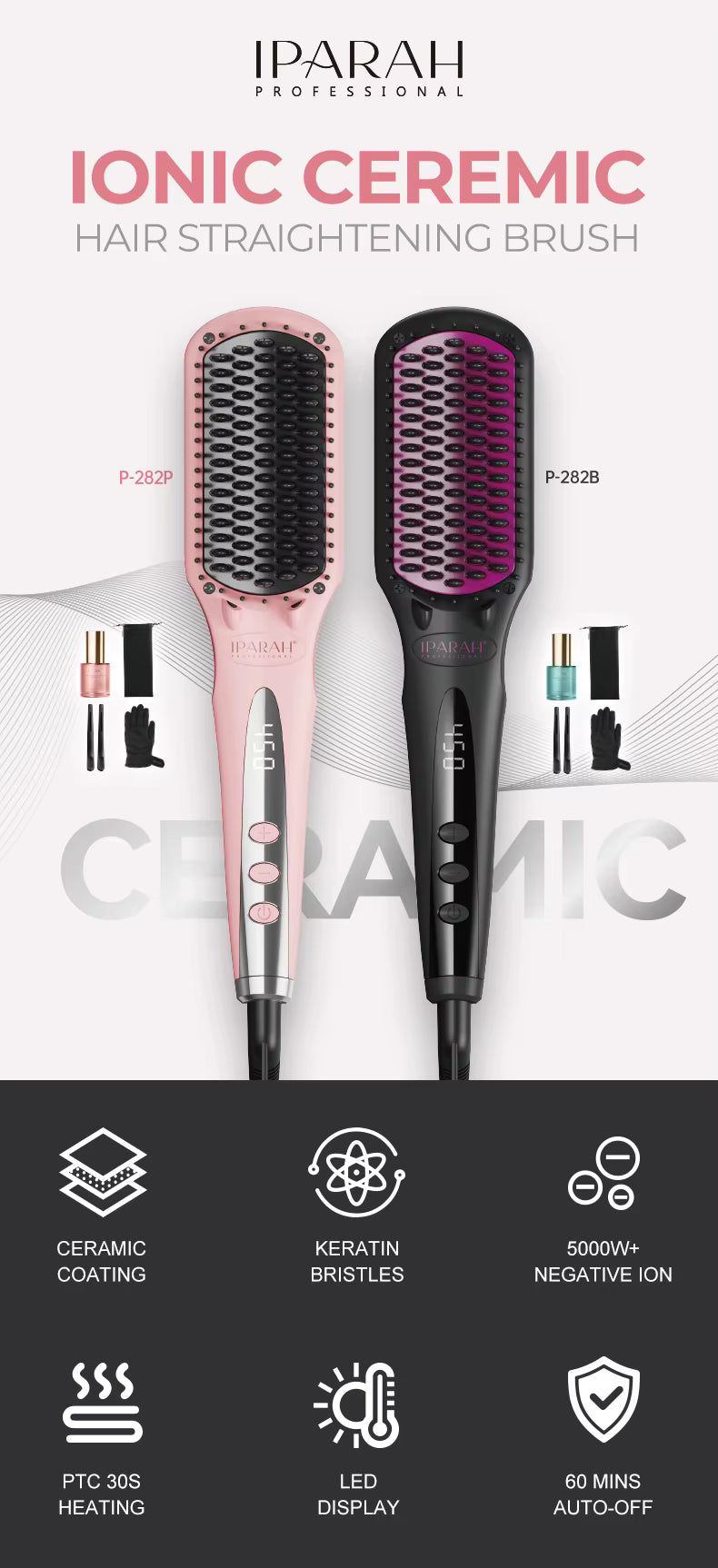 IPARAH P-282 Ionic Hair Straightener Brush | Ceramic Coating Electric