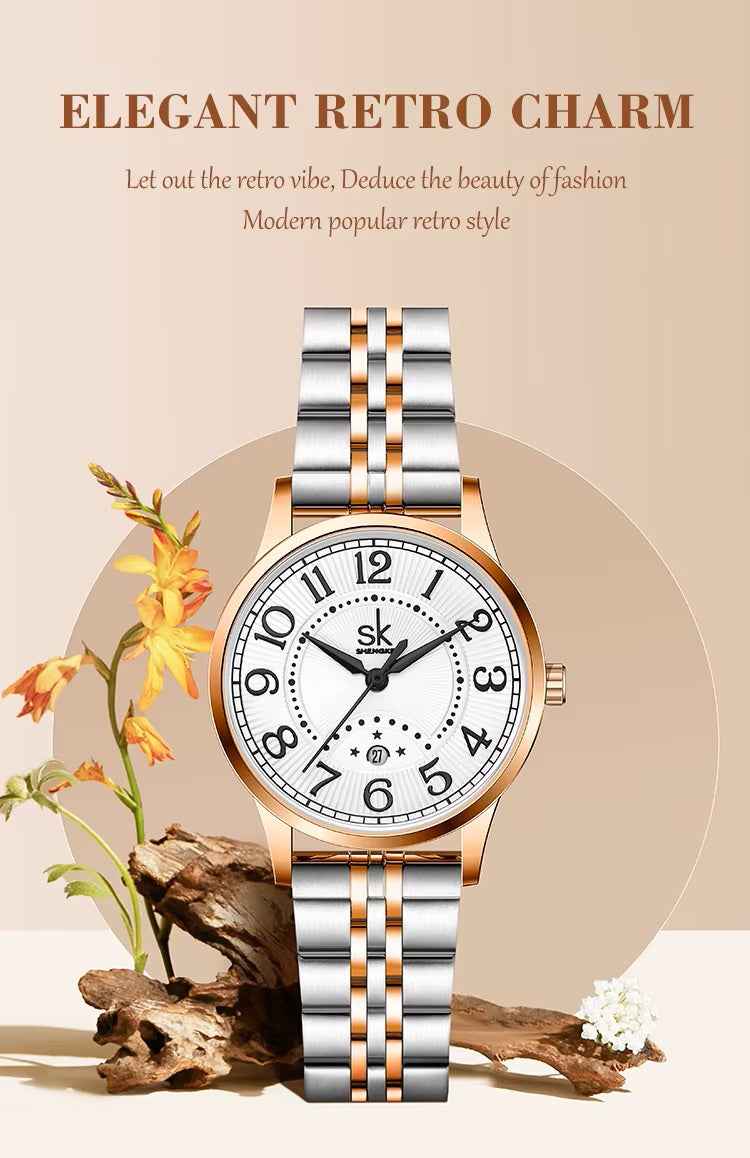 Shengke K0200L Luxury Women’s Watch – Stainless Steel Band, Waterproof, Calendar Reloj Mujer