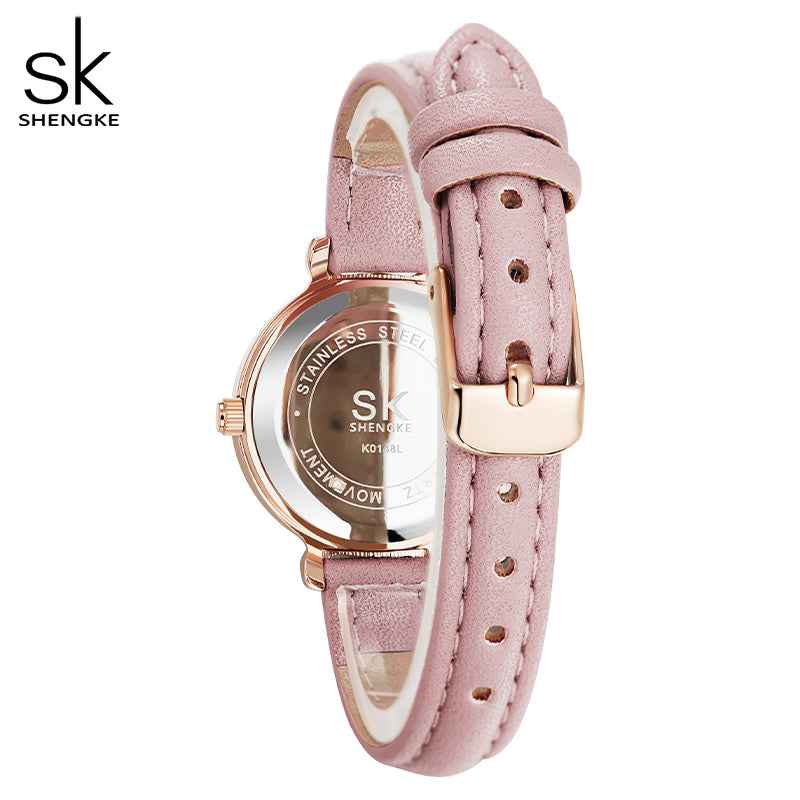 Shengke K0148L Ladies Quartz Watch – Rose Flower Dial, Leather Band, Waterproof