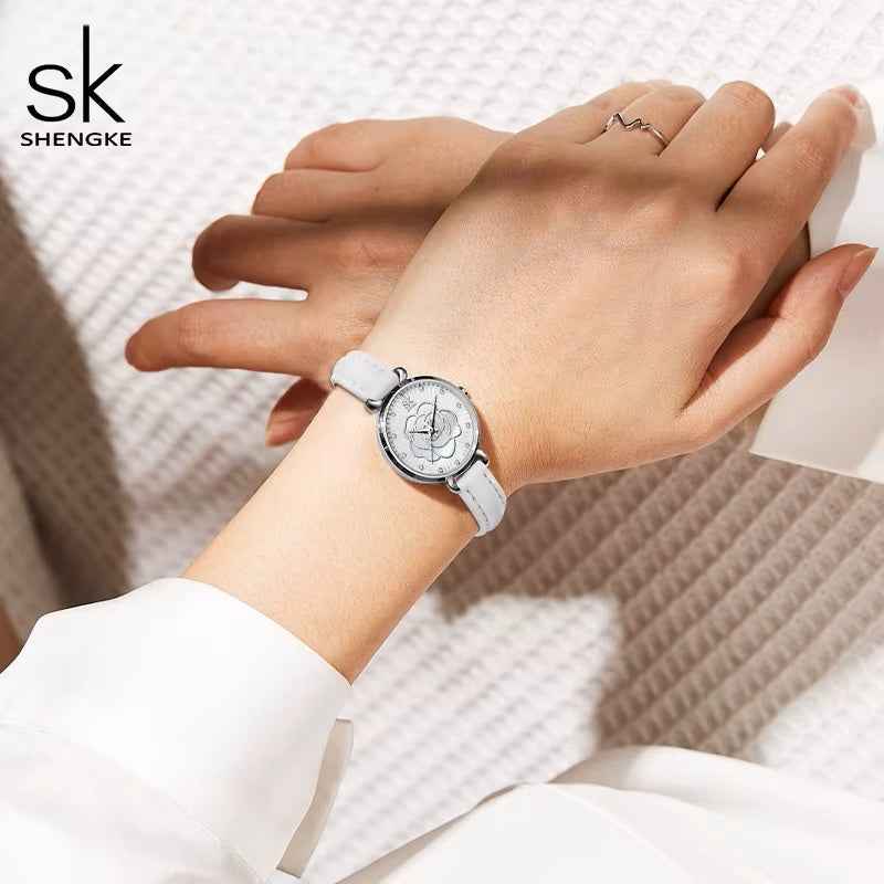 Shengke K0148L Ladies Quartz Watch – Rose Flower Dial, Leather Band, Waterproof