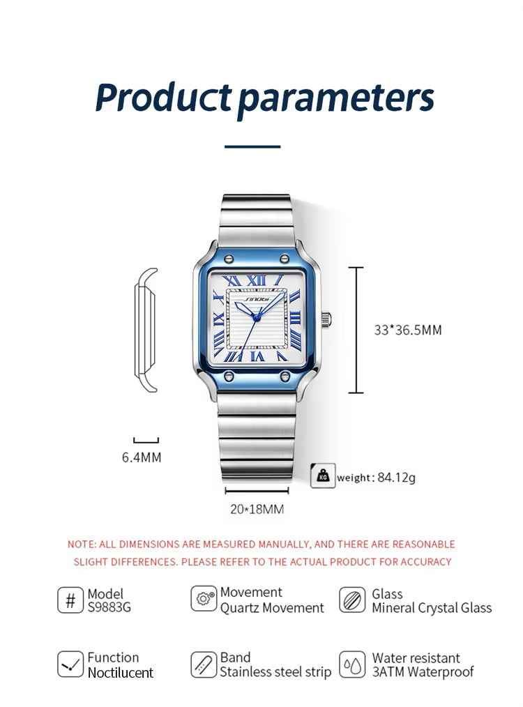 Silver watch with product parameters on a white background