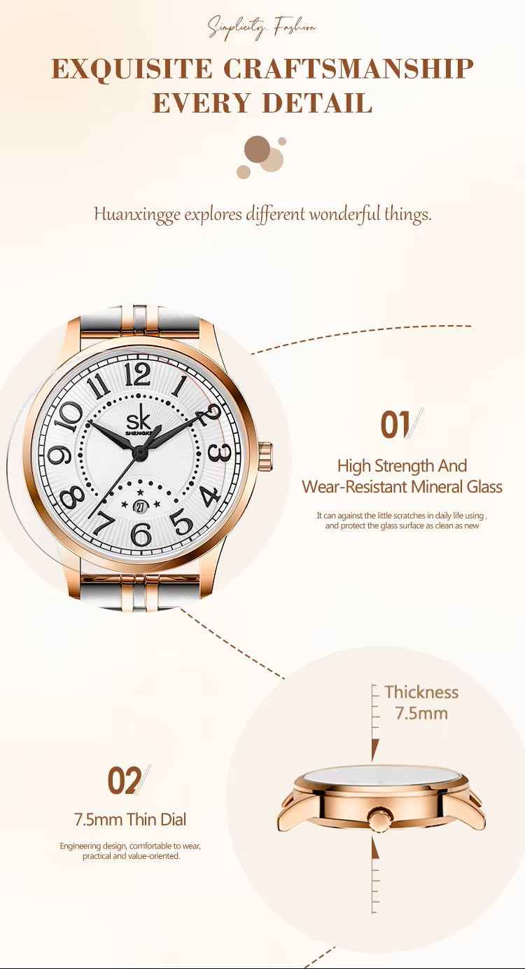 Shengke K0200L Luxury Women’s Watch – Stainless Steel Band, Waterproof, Calendar Reloj Mujer