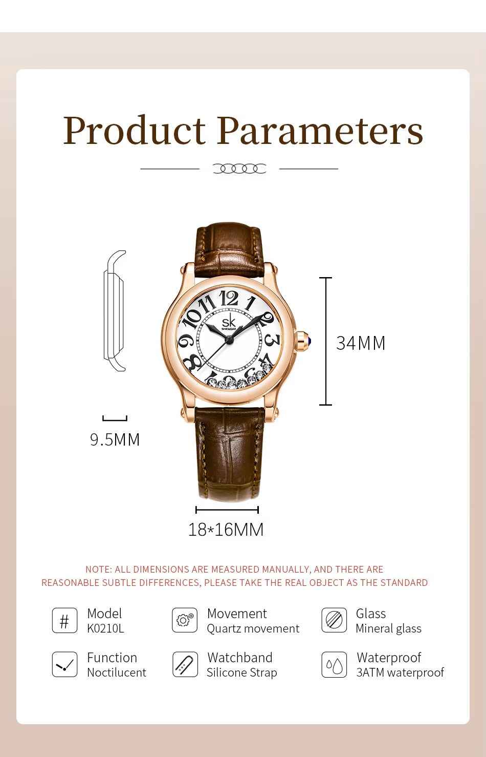 Wristwatch with dimensions and product parameters on a beige background