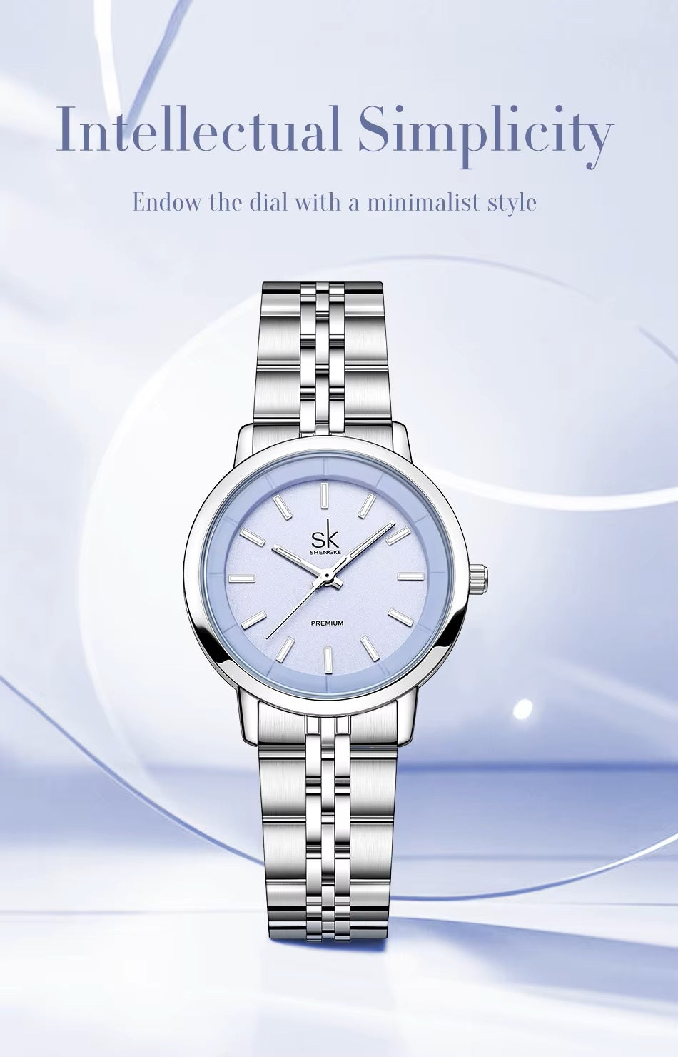 Silver watch with a light blue face on a white background, featuring the brand 'SK'.
