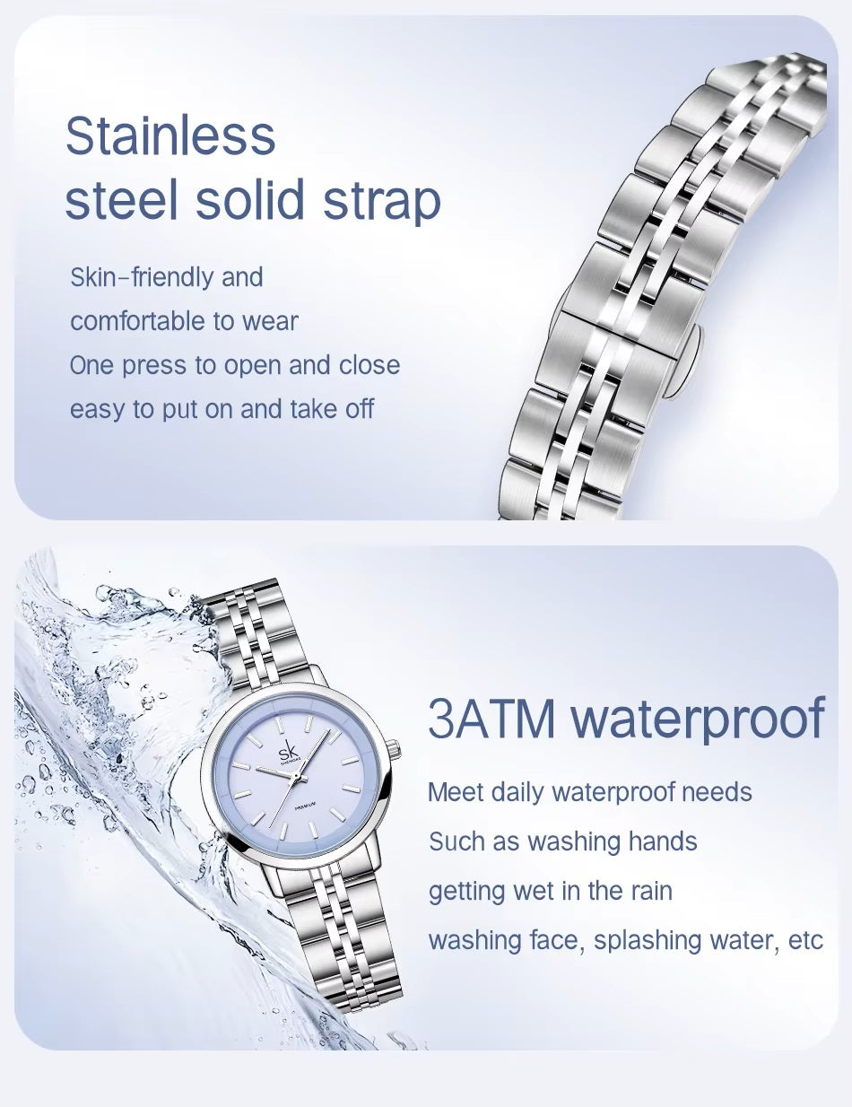 Stainless steel solid strap watch with water resistance feature on a light blue background