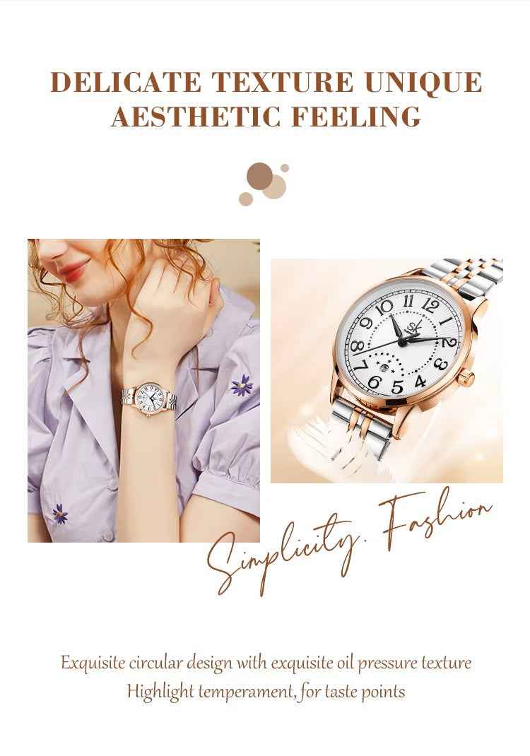 Shengke K0200L Luxury Women’s Watch – Stainless Steel Band, Waterproof, Calendar Reloj Mujer