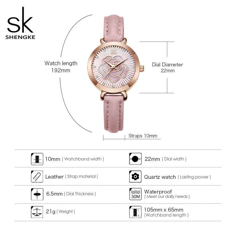 Shengke K0148L Ladies Quartz Watch – Rose Flower Dial, Leather Band, Waterproof