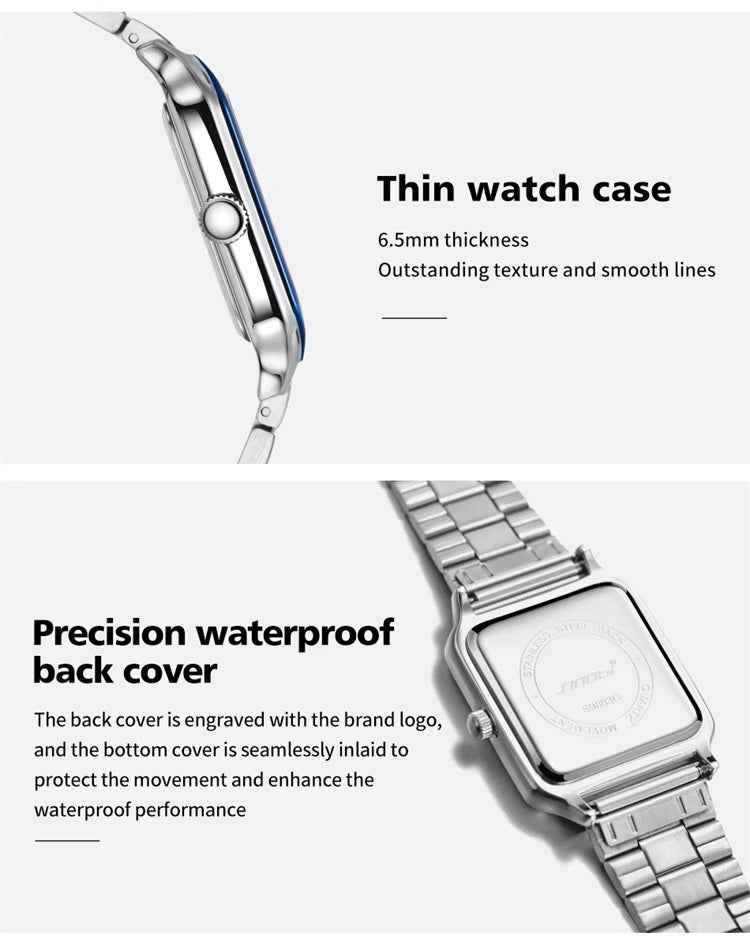 Watch case with text highlighting thinness, texture, and waterproof back cover features.