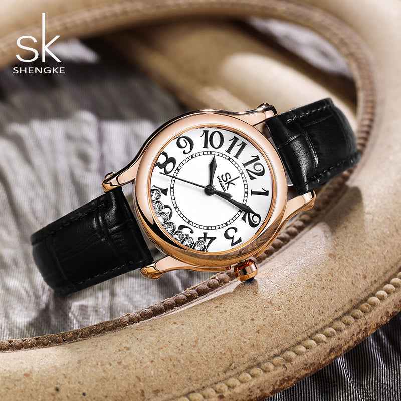 Shengke K0210L Diamond Crystal Luxury Women’s Watch – Genuine Leather Strap