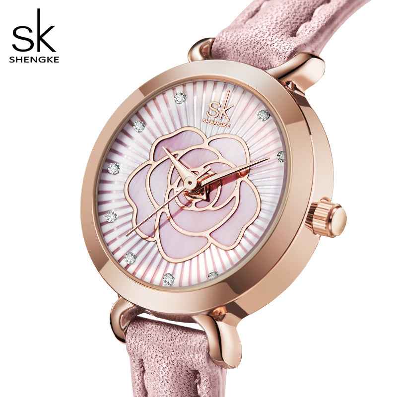 Shengke K0148L Ladies Quartz Watch – Rose Flower Dial, Leather Band, Waterproof