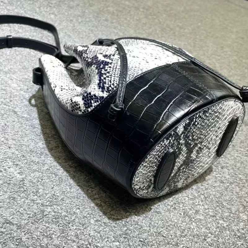 Luxury Snakeskin Leather Bucket Bag – Designer Drawstring Purse