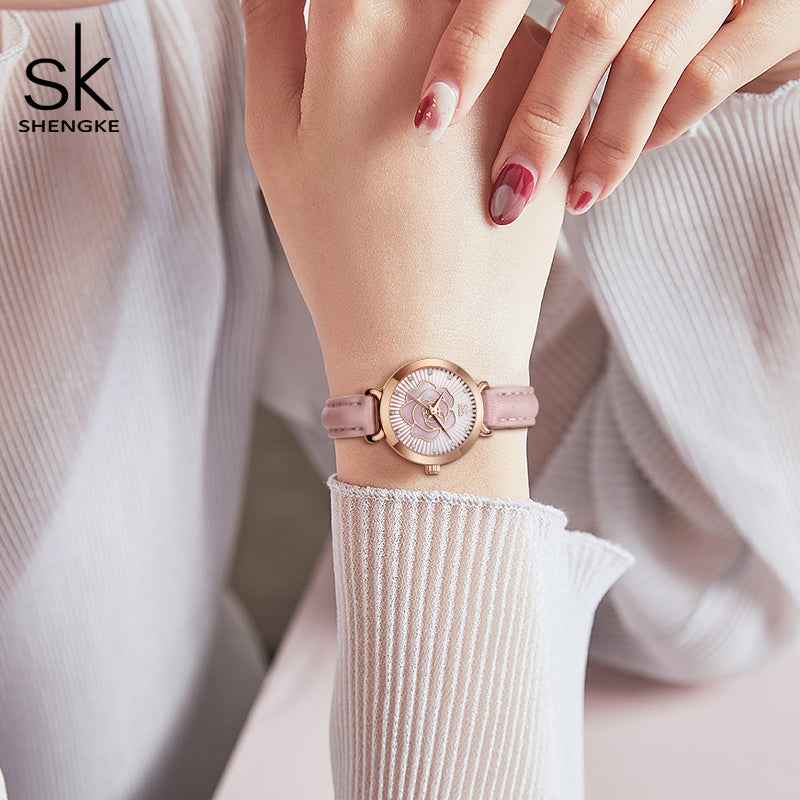 Shengke K0148L Ladies Quartz Watch – Rose Flower Dial, Leather Band, Waterproof