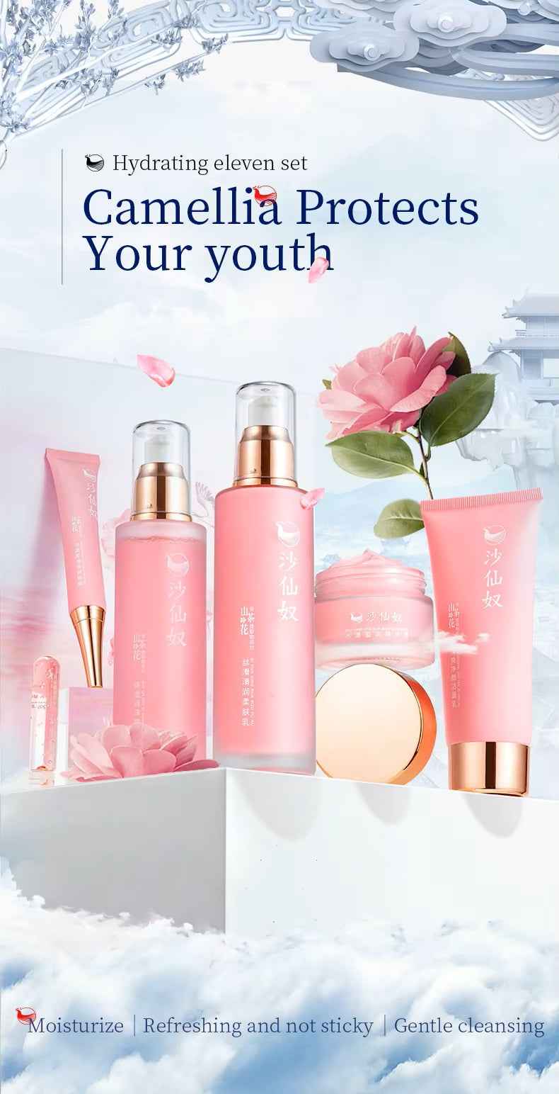 Pink Vegan Hydration Skincare Set – 11-Piece Anti-Aging Camellia Facial Care Gift Kit