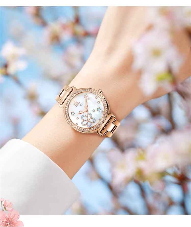Shengke K0201L Women’s Luxury Quartz Watch – Pearl Dial, Rhinestone Markers, Stainless Steel Strap