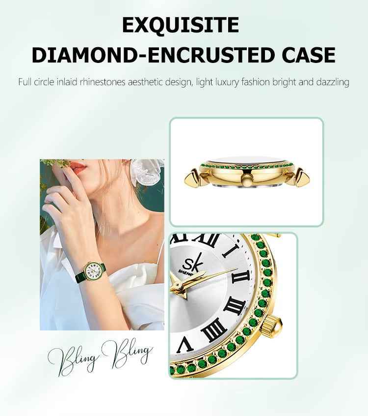 Gold watch with diamond-encrusted case on a light green background