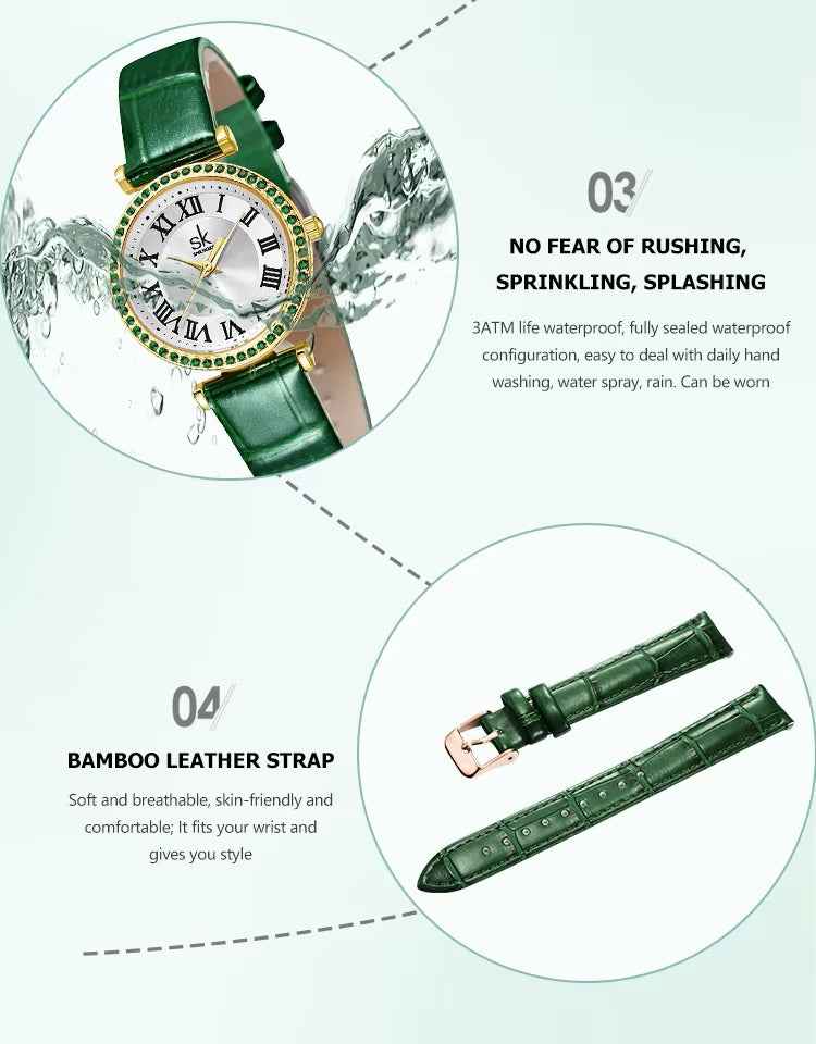 Green watch with bamboo leather strap on a white background