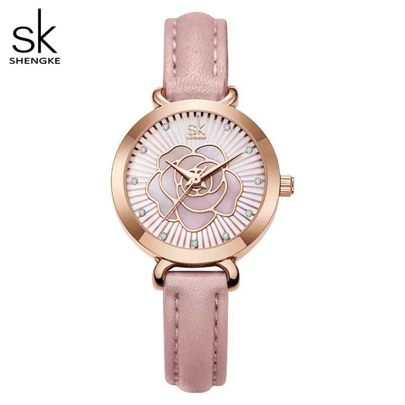 Shengke K0148L Ladies Quartz Watch – Rose Flower Dial, Leather Band, Waterproof
