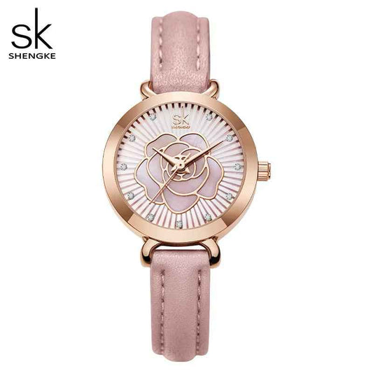 Shengke K0148L Ladies Quartz Watch – Rose Flower Dial, Leather Band, Waterproof