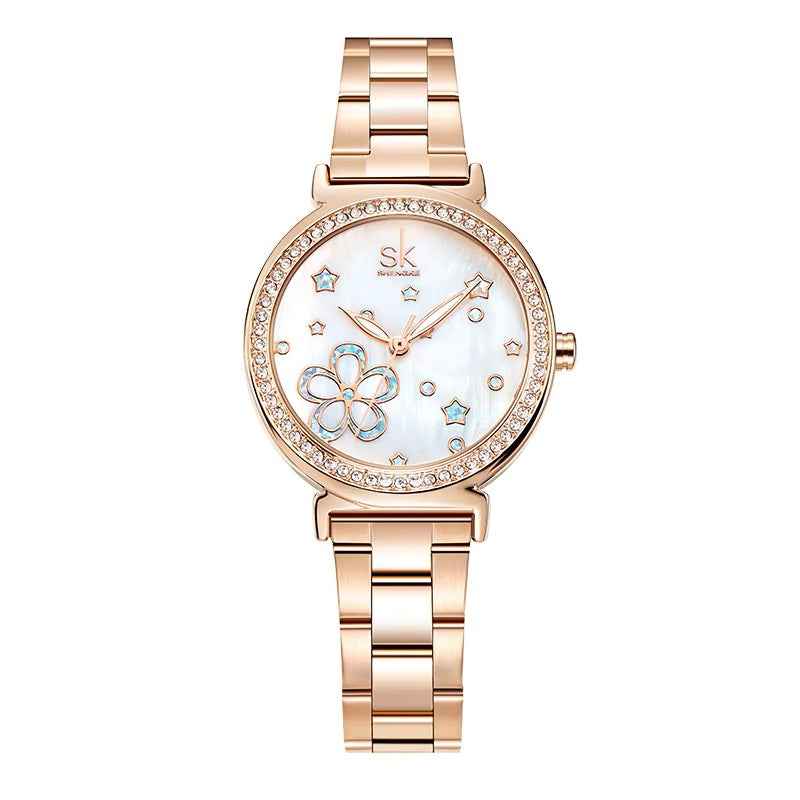 Shengke K0201L Women’s Luxury Quartz Watch – Pearl Dial, Rhinestone Markers, Stainless Steel Strap