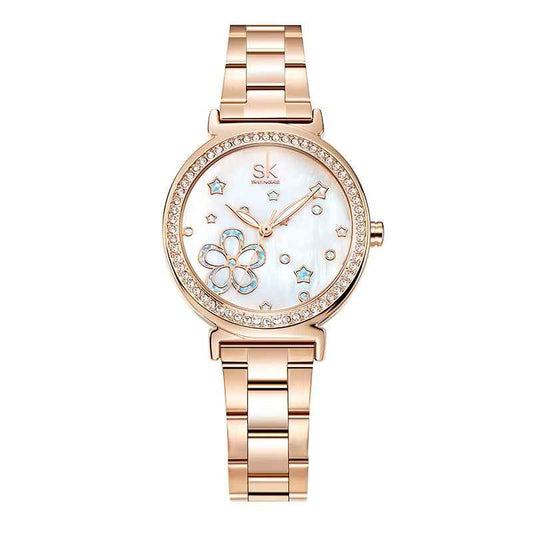 Shengke K0201L Women’s Luxury Quartz Watch – Pearl Dial, Rhinestone Markers, Stainless Steel Strap