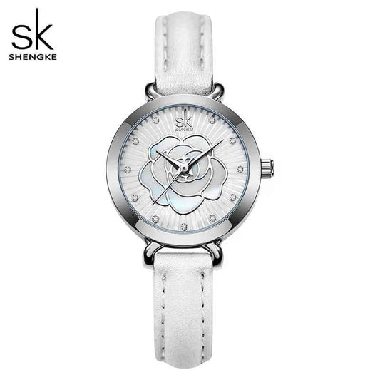 Shengke K0148L Ladies Quartz Watch – Rose Flower Dial, Leather Band, Waterproof